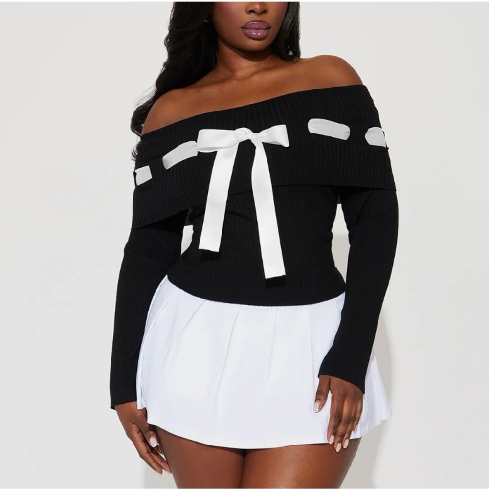 Fashion Nova Black and White Off-Shoulder Sweater